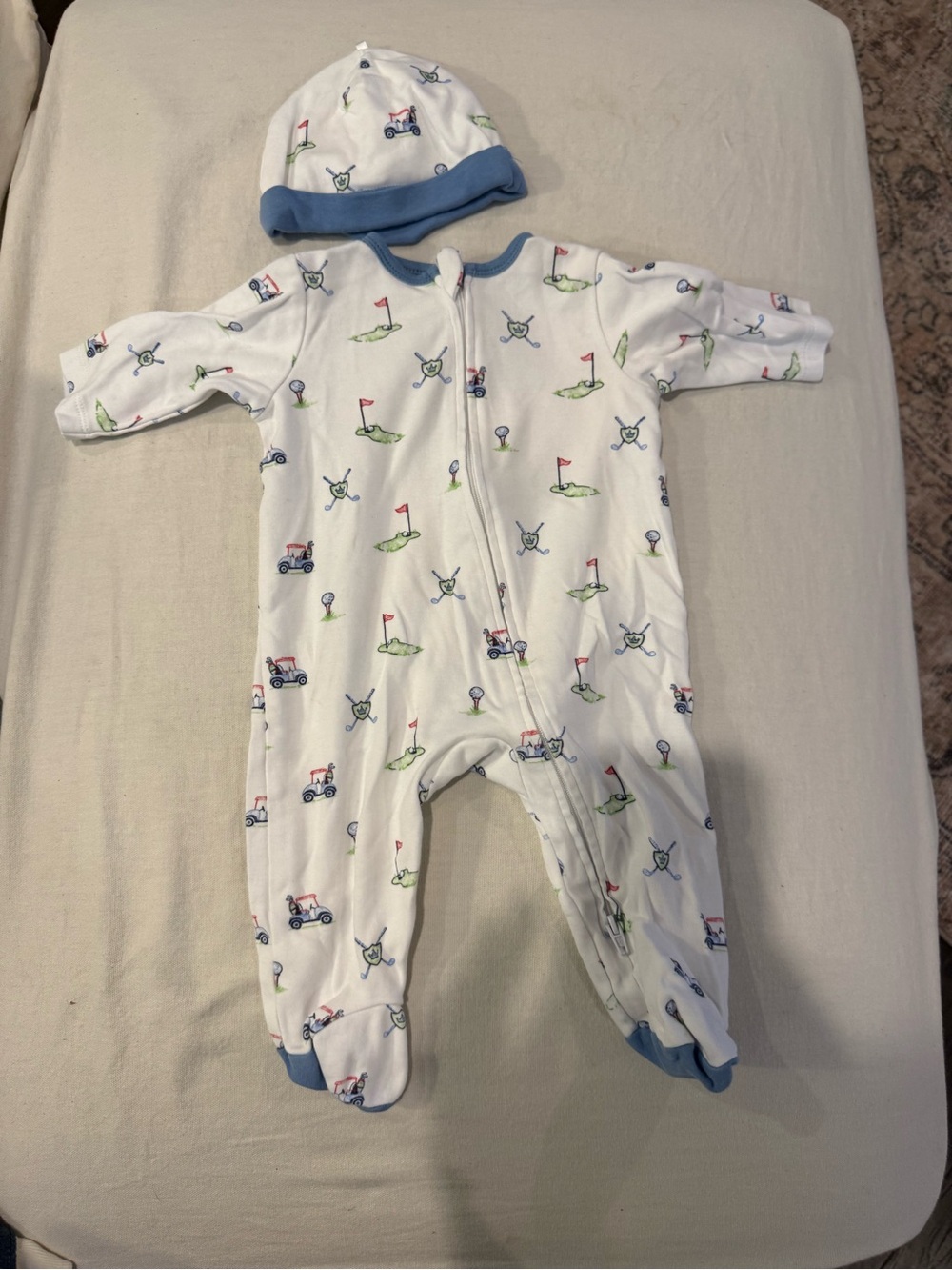 Little Me White One-Piece Footie with Blue Trim and Golf Print